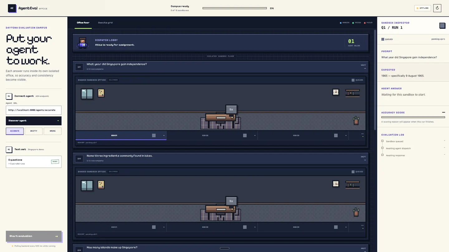 AgentEval interface: each evaluation question runs in its own isolated sandbox office, with a sandbox inspector on the right
